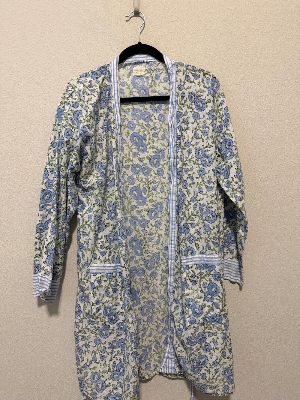 Lightweight Floral Cotton Robe in Blue and Cream